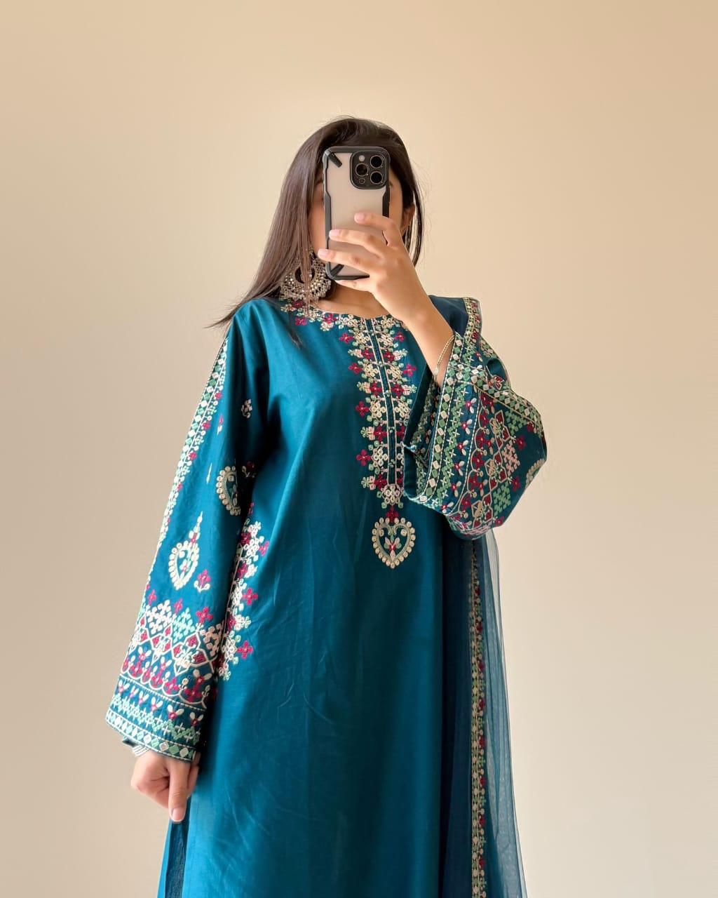 Zinc Teal Elegance 3PCs Set With Chaffon Dupatta