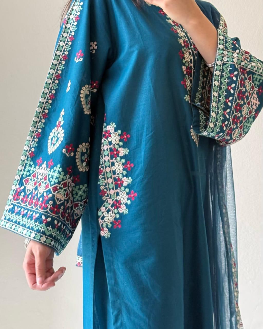 Zinc Teal Elegance 3PCs Set With Chaffon Dupatta