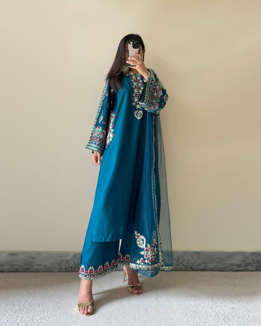 Zinc Teal Elegance 3PCs Set With Chaffon Dupatta