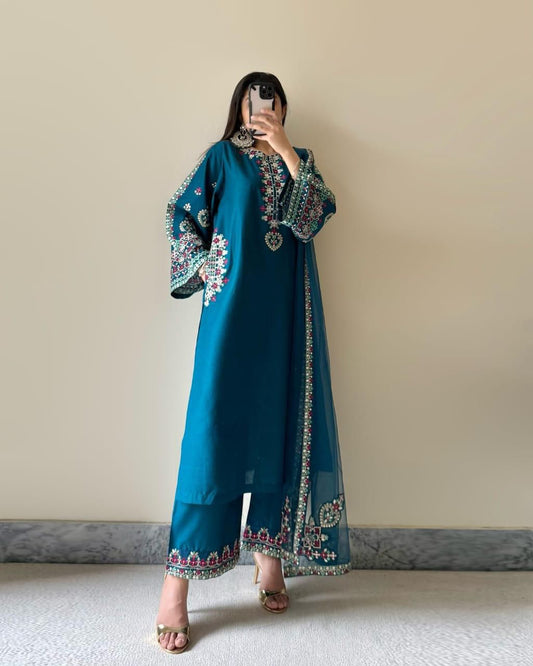 Zinc Teal Elegance 3PCs Set With Chaffon Dupatta